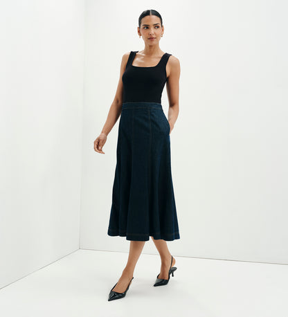 Dana Indigo Denim Flare A-Line Midi Skirt