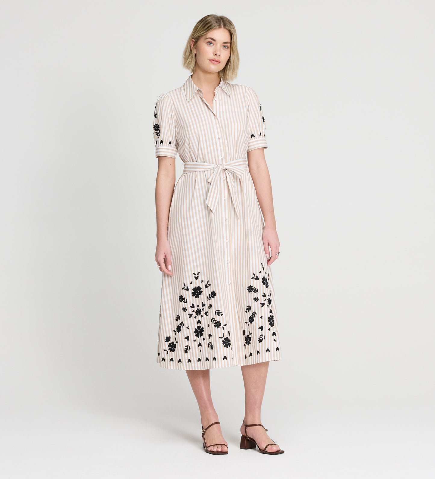 Daniella Neutral Stripe Embroidered Cotton Midi Shirt