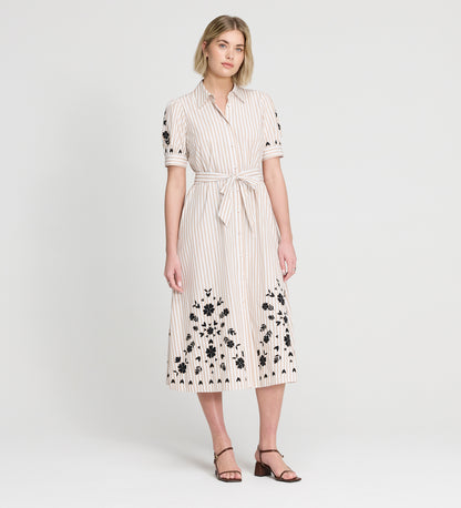 Daniella Neutral Stripe Embroidered Cotton Midi Shirt
