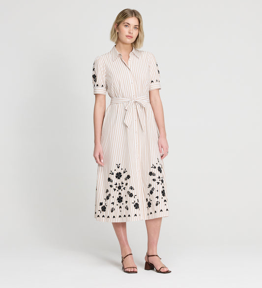 Daniella Neutral Stripe Embroidered Cotton Midi Shirt