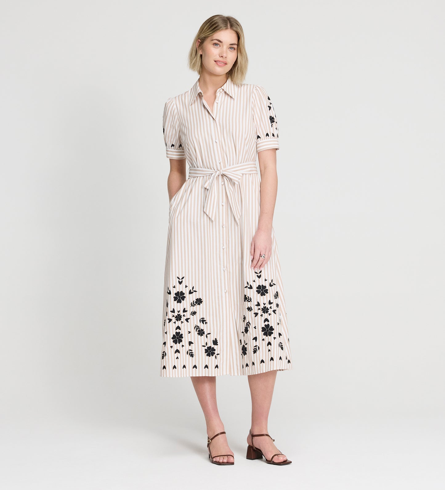 Daniella Neutral Stripe Embroidered Cotton Midi Shirt
