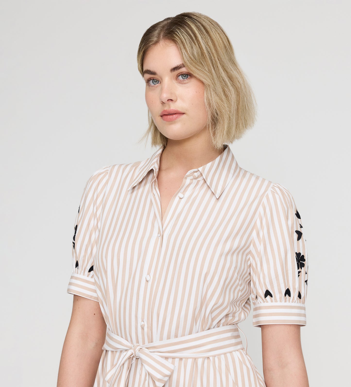 Daniella Neutral Stripe Embroidered Cotton Midi Shirt