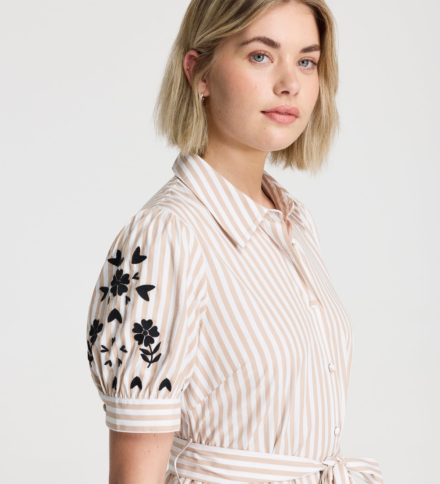 Daniella Neutral Stripe Embroidered Cotton Midi Shirt