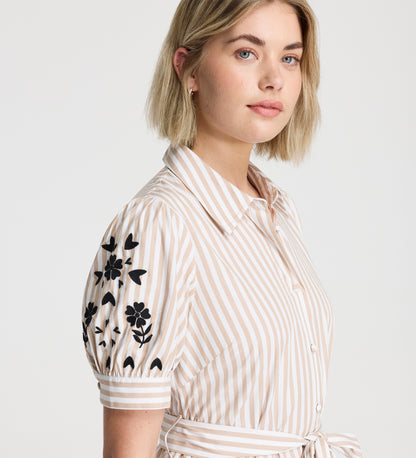 Daniella Neutral Stripe Embroidered Cotton Midi Shirt