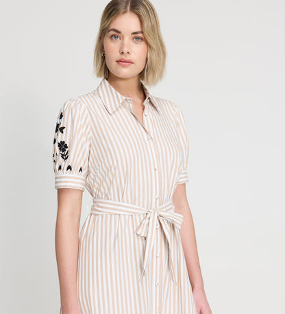 Daniella Neutral Stripe Embroidered Cotton Midi Shirt