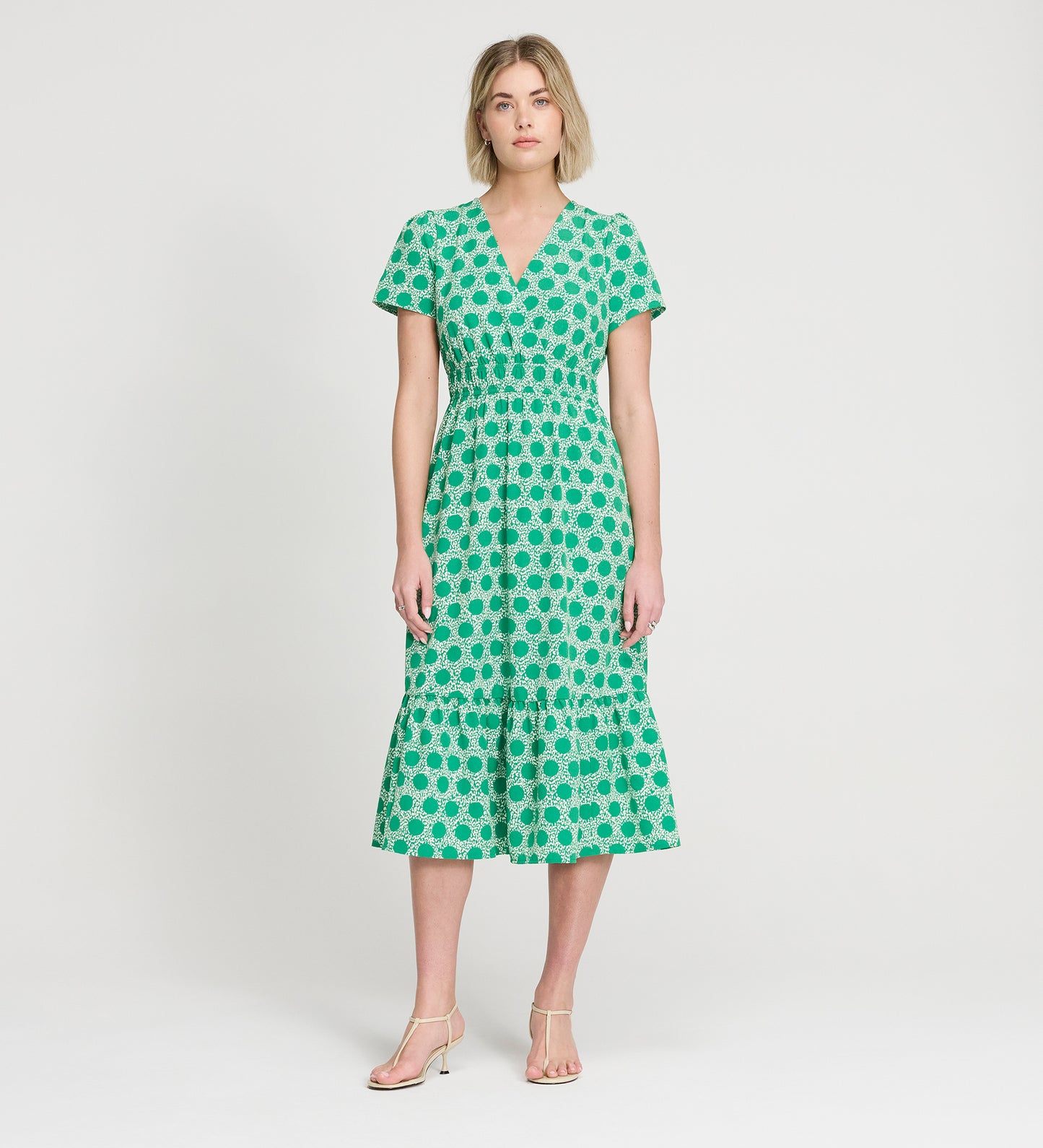Deena Green Polka Dot Wrap Tiered Midi Dress