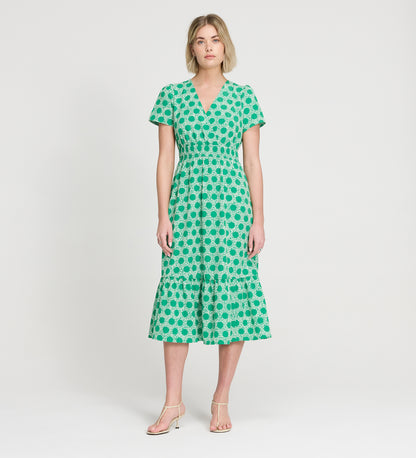Deena Green Polka Dot Wrap Tiered Midi Dress
