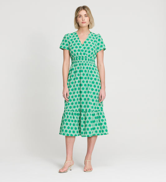 Deena Green Polka Dot Wrap Tiered Midi Dress