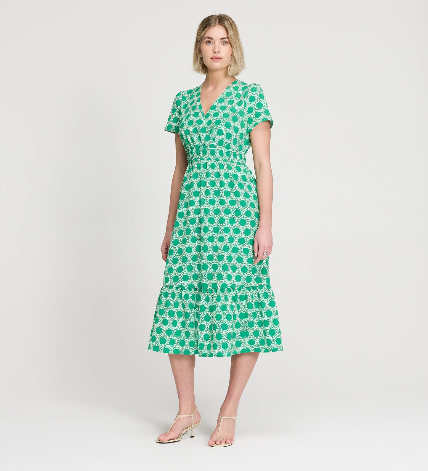 Deena Green Polka Dot Wrap Tiered Midi Dress