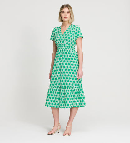 Deena Green Polka Dot Wrap Tiered Midi Dress