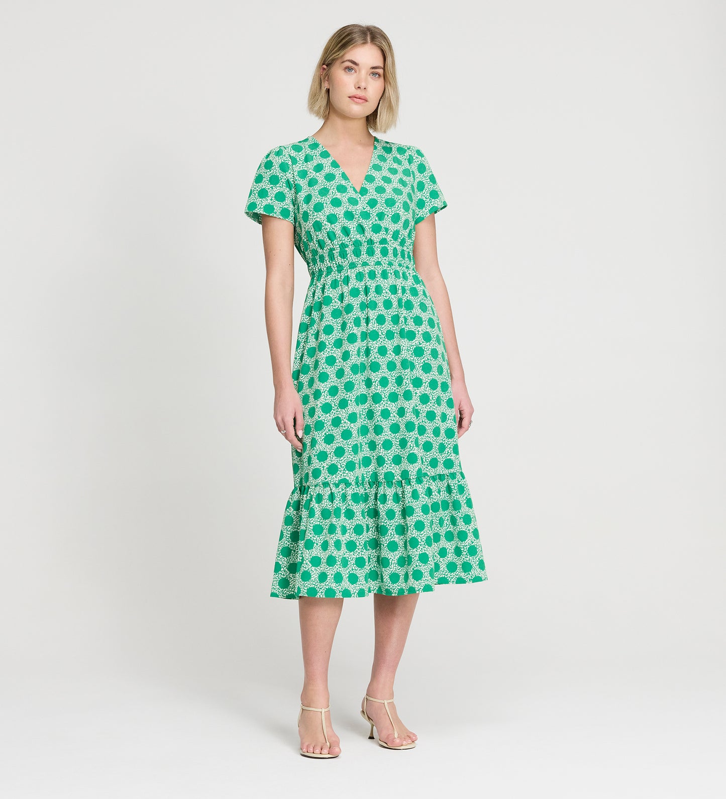 Deena Green Polka Dot Wrap Tiered Midi Dress