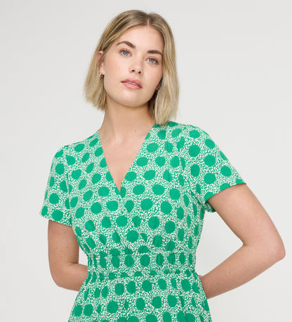Deena Green Polka Dot Wrap Tiered Midi Dress