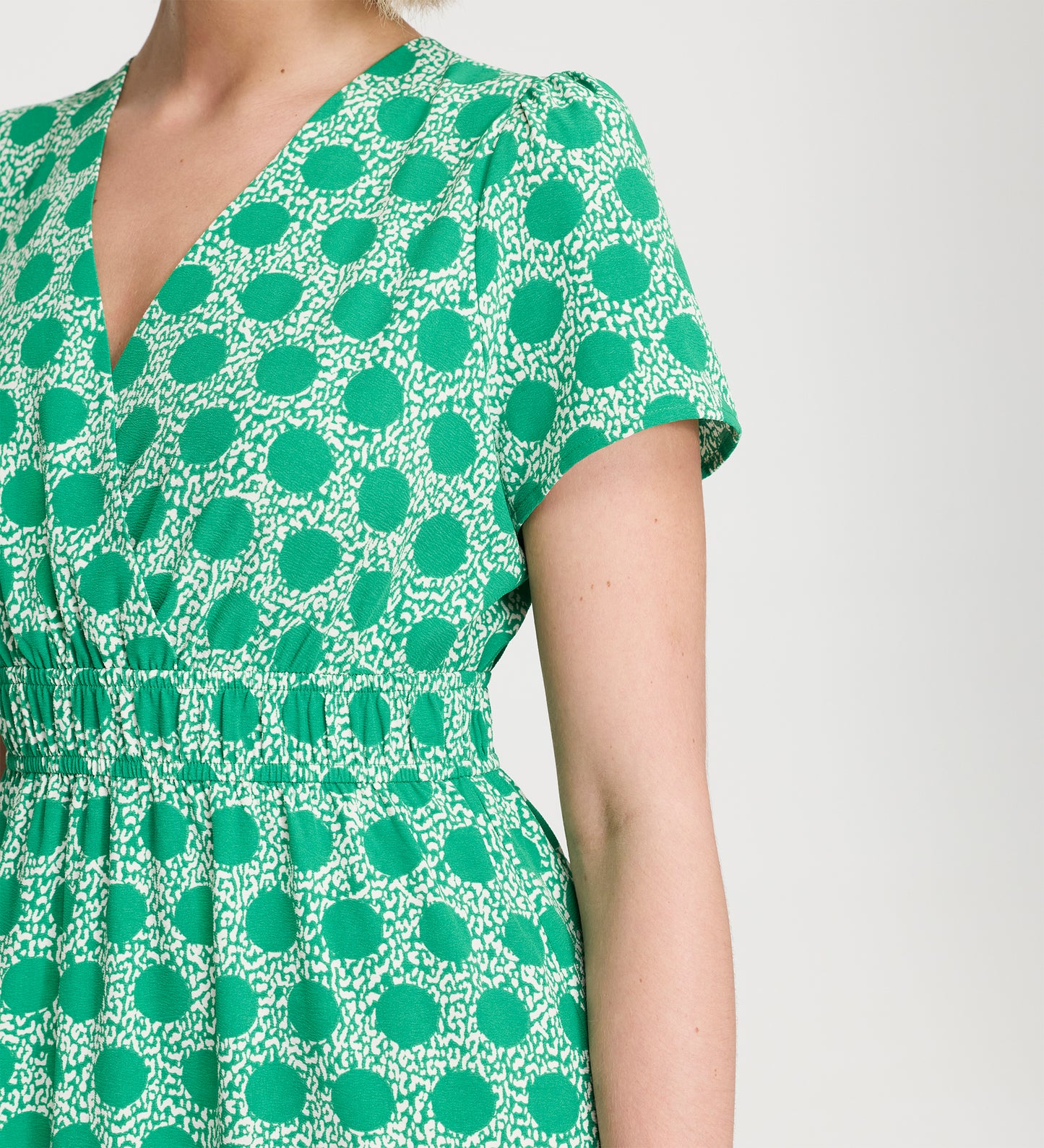 Deena Green Polka Dot Wrap Tiered Midi Dress