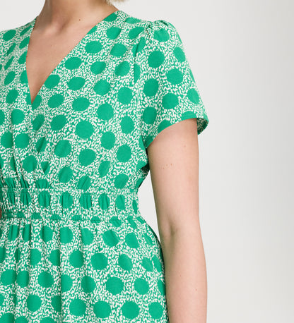 Deena Green Polka Dot Wrap Tiered Midi Dress