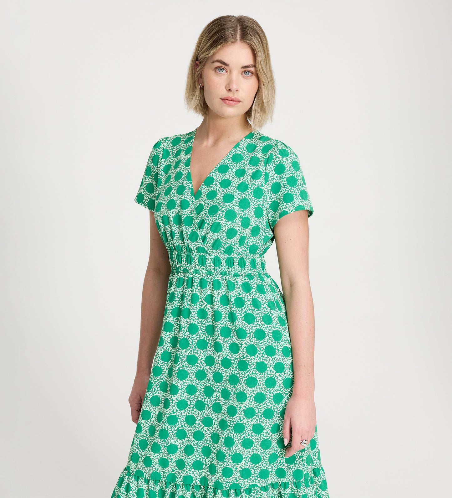 Deena Green Polka Dot Wrap Tiered Midi Dress