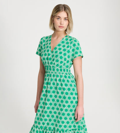 Deena Green Polka Dot Wrap Tiered Midi Dress