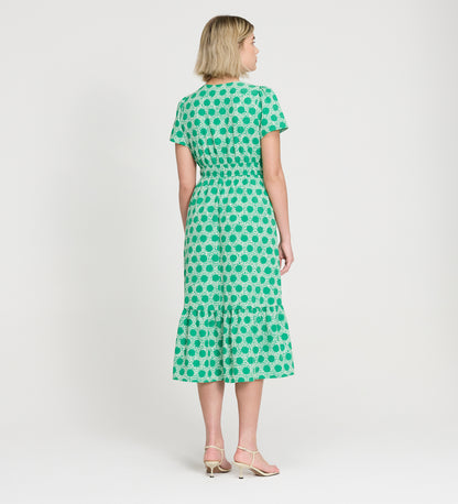 Deena Green Polka Dot Wrap Tiered Midi Dress