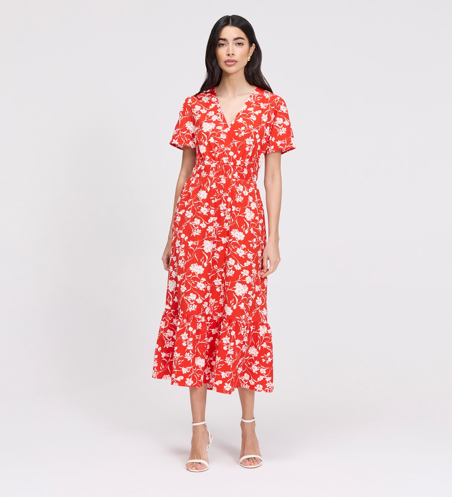 Deena Red Floral Wrap Tiered Midi Dress