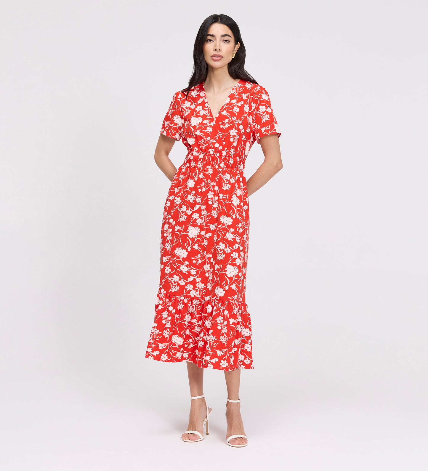 Deena Red Floral Wrap Tiered Midi Dress