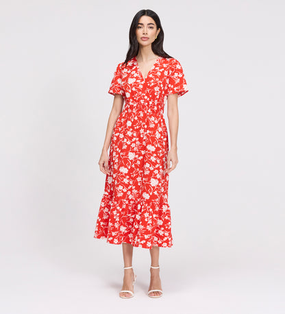 Deena Red Floral Wrap Tiered Midi Dress