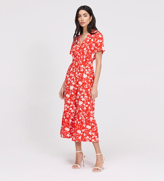 Deena Red Floral Wrap Tiered Midi Dress