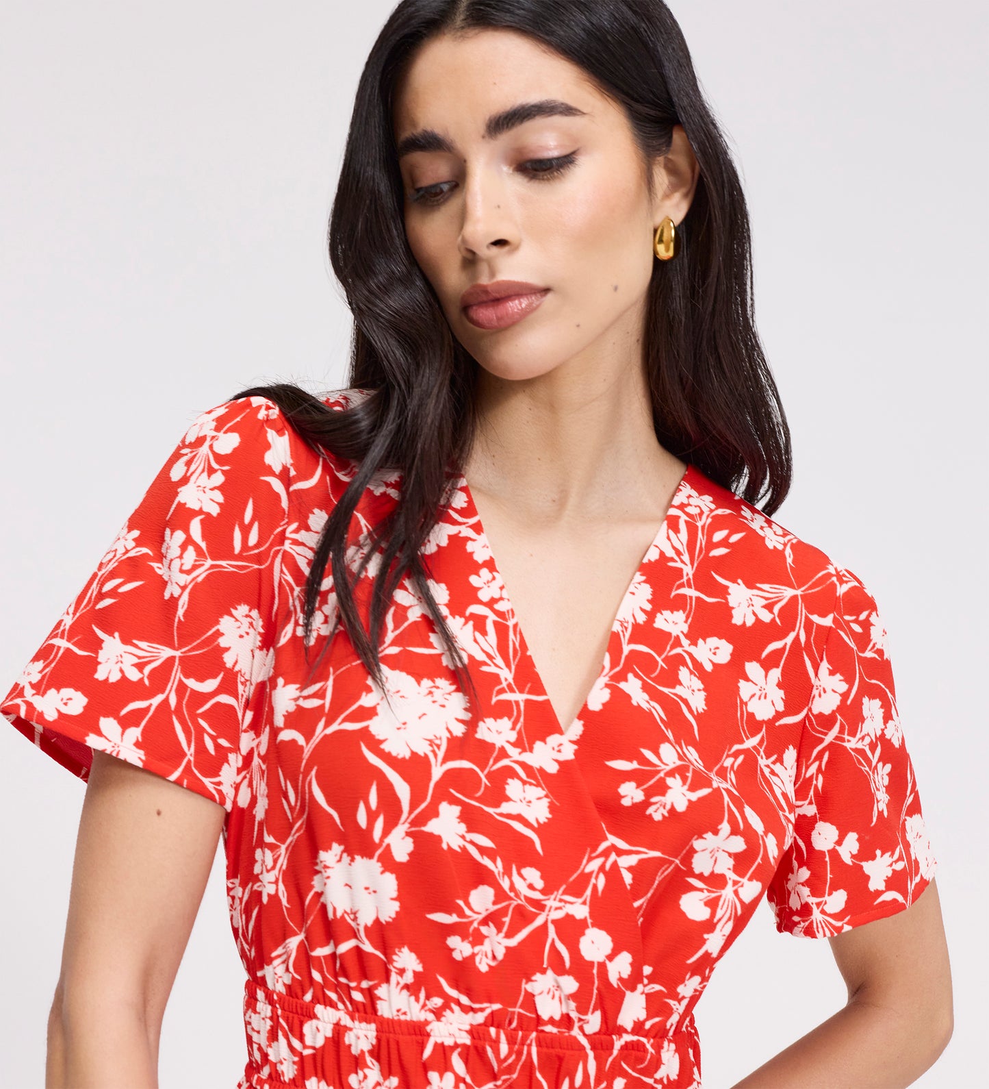 Deena Red Floral Wrap Tiered Midi Dress