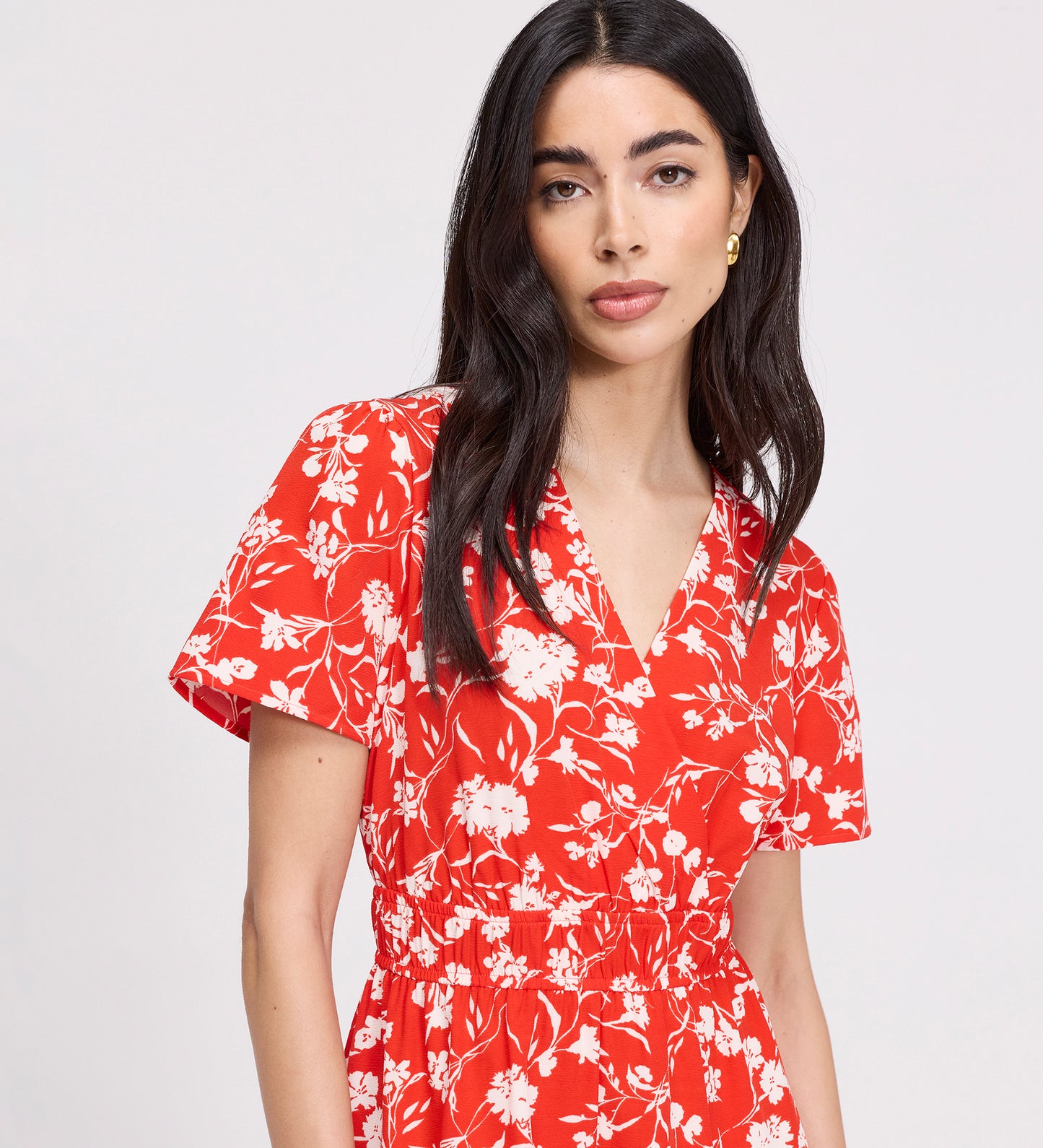 Deena Red Floral Wrap Tiered Midi Dress
