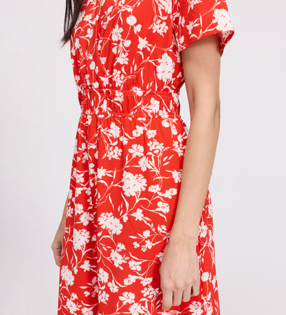 Deena Red Floral Wrap Tiered Midi Dress