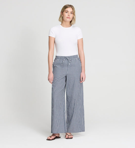 Dixie Navy Cotton Gingham Wide Leg Drawstring Trousers