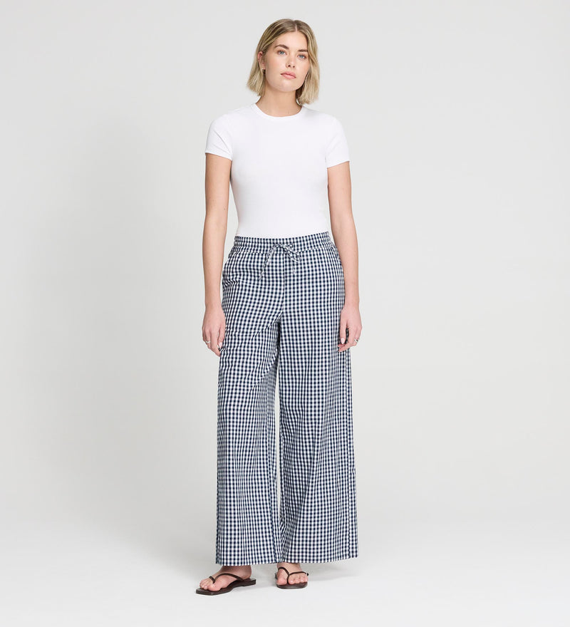 Dixie Navy Cotton Gingham Wide Leg Drawstring Trousers – Finery London