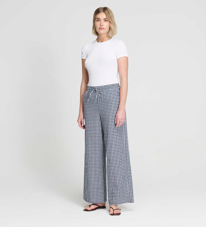 Dixie Navy Cotton Gingham Wide Leg Drawstring Trousers