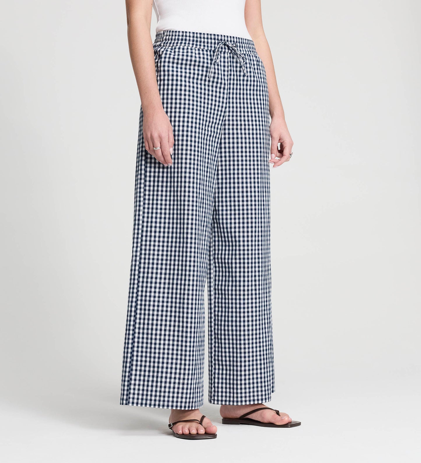 Dixie Navy Cotton Gingham Wide Leg Drawstring Trousers