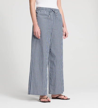 Dixie Navy Cotton Gingham Wide Leg Drawstring Trousers