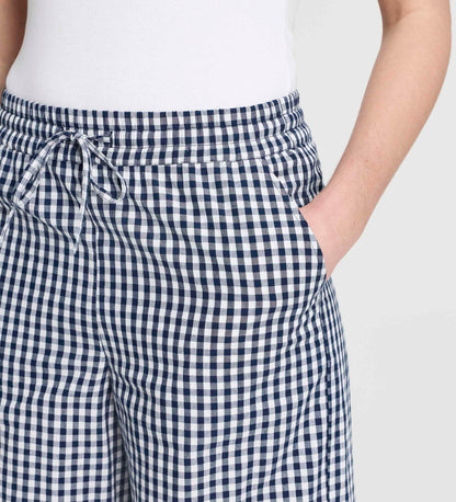 Dixie Navy Cotton Gingham Wide Leg Drawstring Trousers
