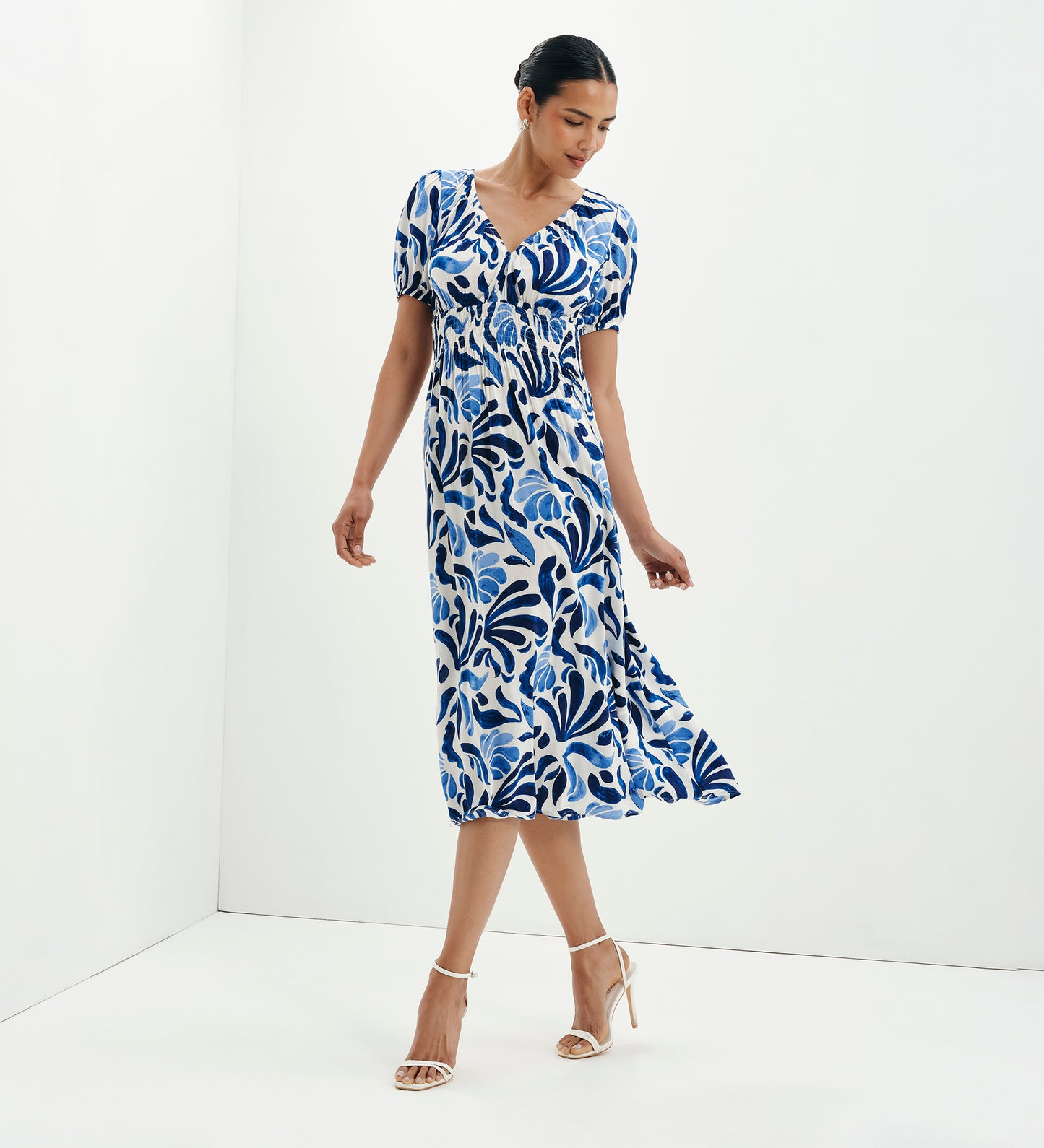 Dolly Blue Abstract Puff Sleeve Shirred Waist Smock Midi Dress