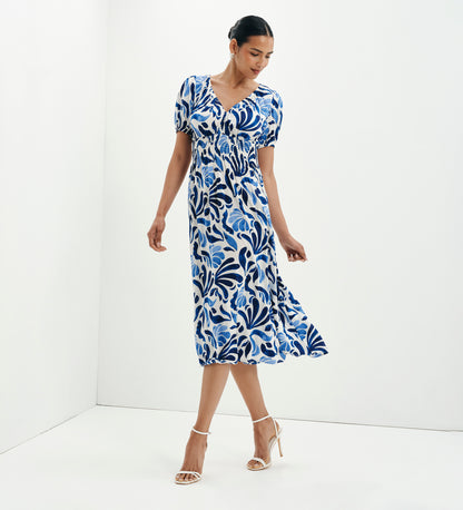 Dolly Blue Abstract Puff Sleeve Shirred Waist Smock Midi Dress