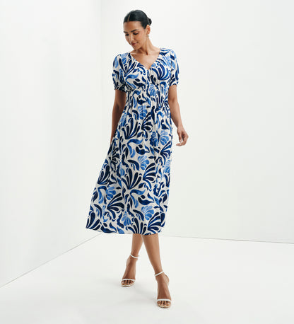 Dolly Blue Abstract Puff Sleeve Shirred Waist Smock Midi Dress