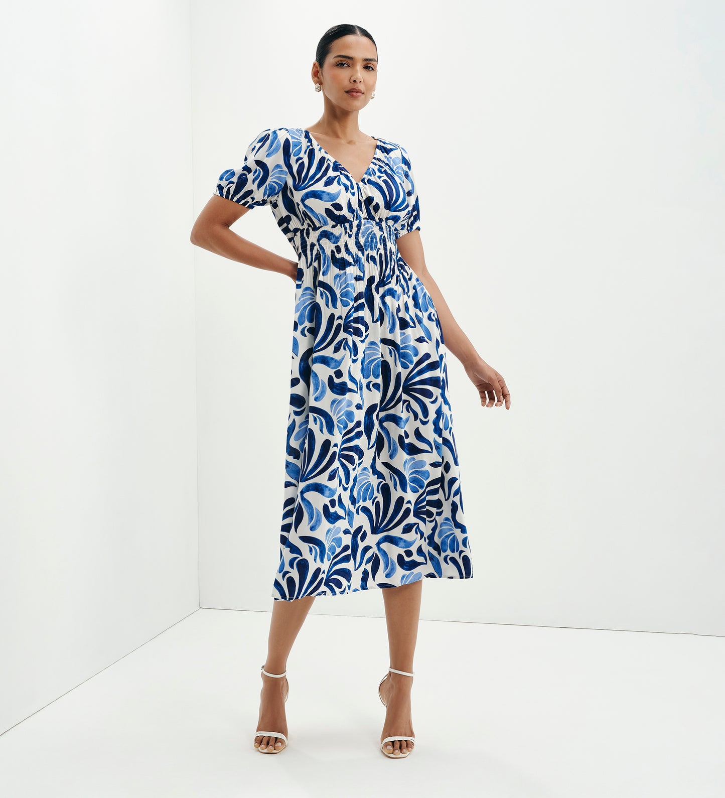 Dolly Blue Abstract Puff Sleeve Shirred Waist Smock Midi Dress