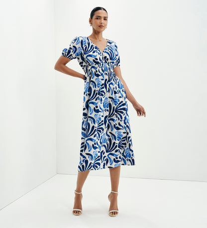 Dolly Blue Abstract Puff Sleeve Shirred Waist Smock Midi Dress