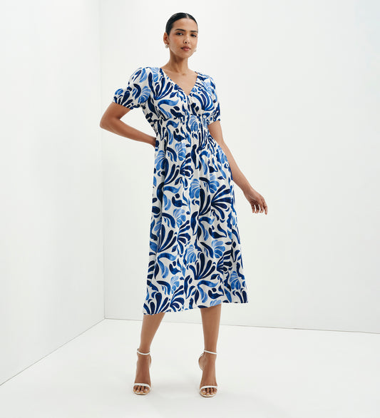 Dolly Blue Abstract Puff Sleeve Shirred Waist Smock Midi Dress