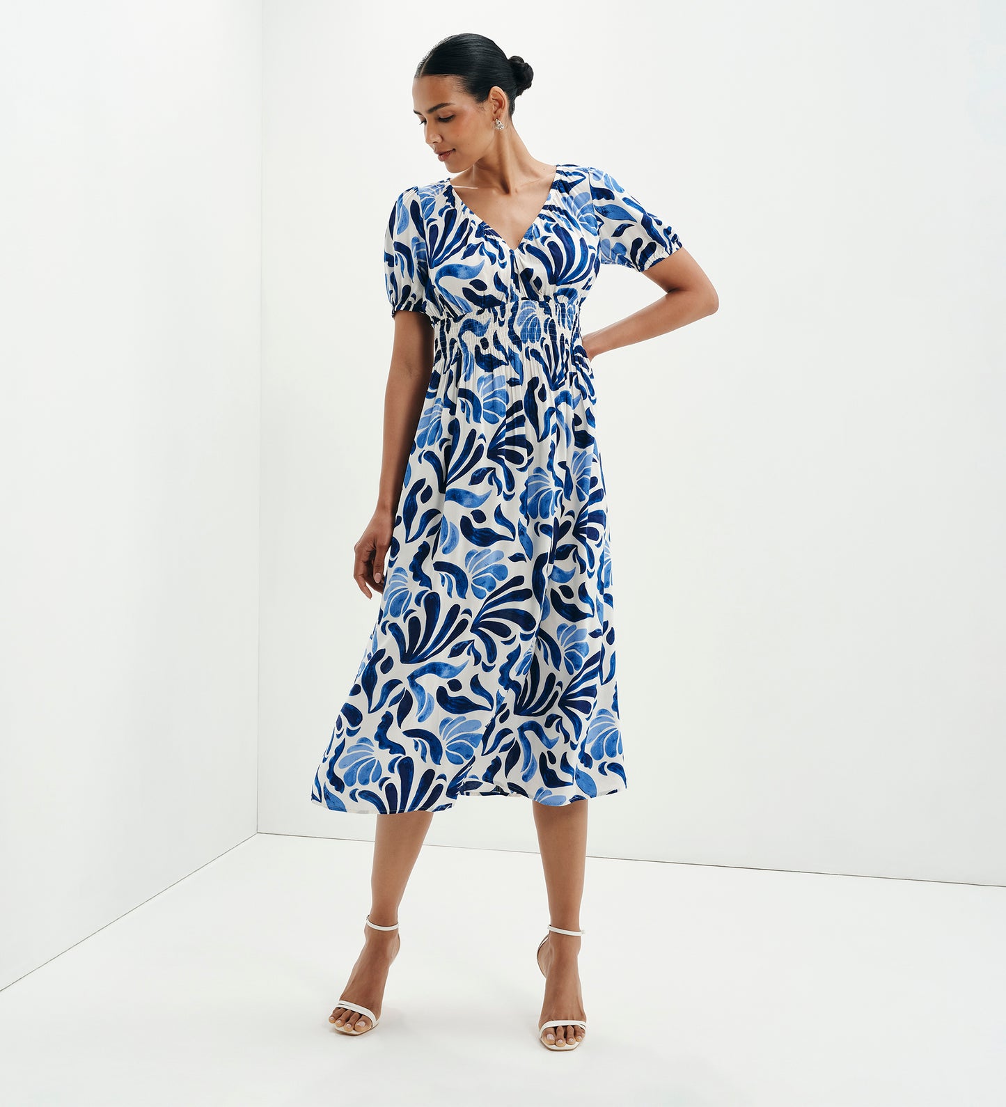 Dolly Blue Abstract Puff Sleeve Shirred Waist Smock Midi Dress