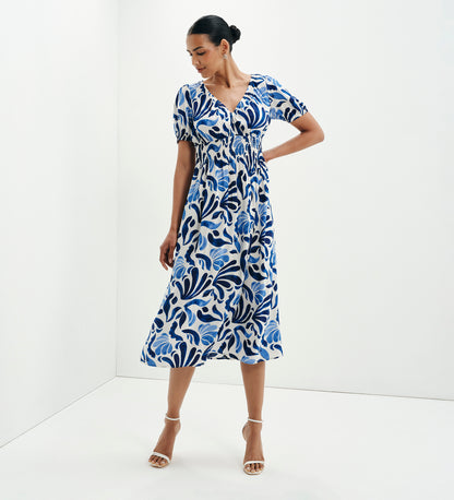 Dolly Blue Abstract Puff Sleeve Shirred Waist Smock Midi Dress