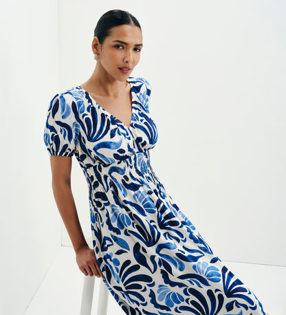 Dolly Blue Abstract Puff Sleeve Shirred Waist Smock Midi Dress