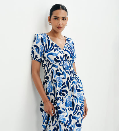 Dolly Blue Abstract Puff Sleeve Shirred Waist Smock Midi Dress