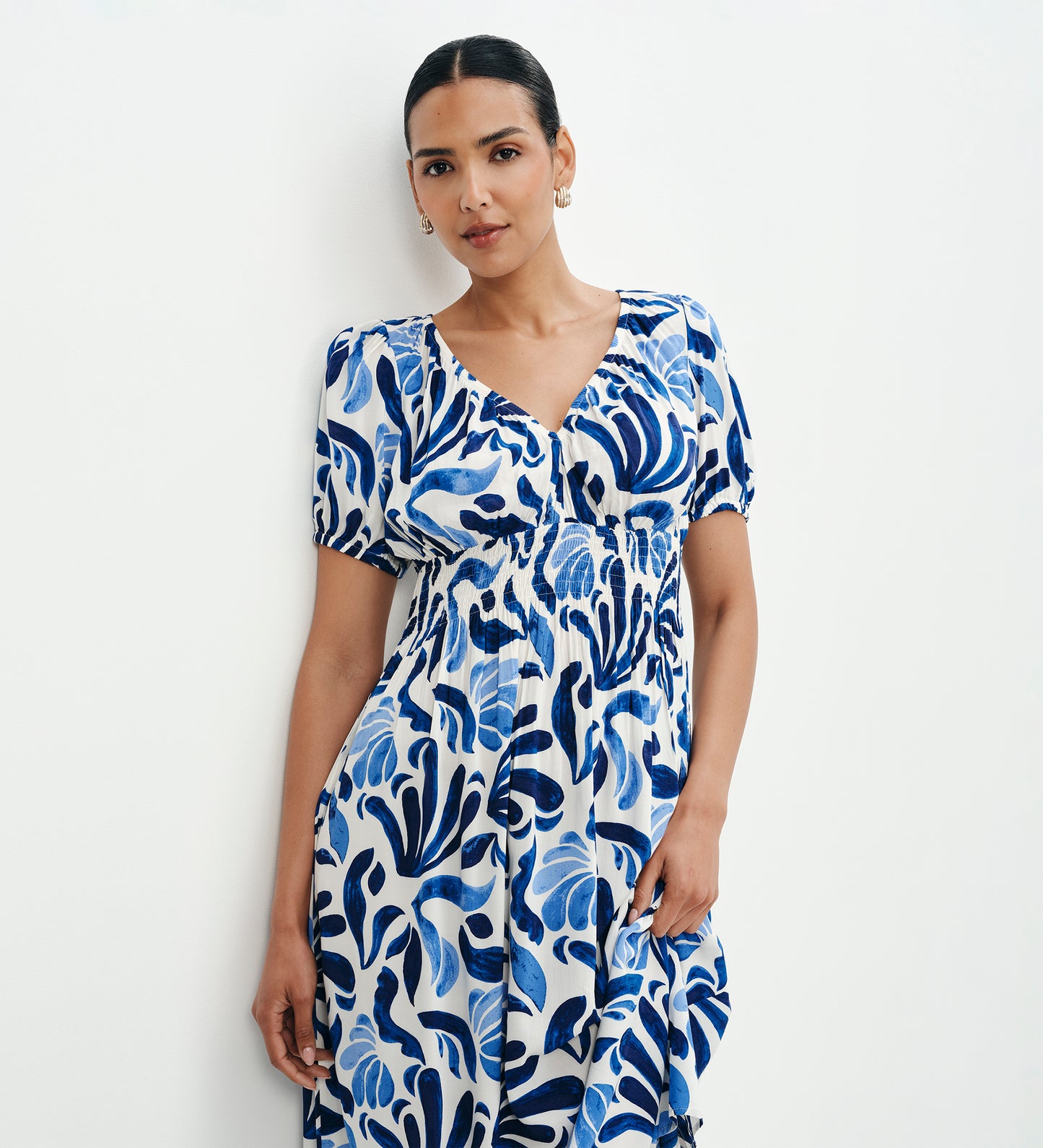 Dolly Blue Abstract Puff Sleeve Shirred Waist Smock Midi Dress