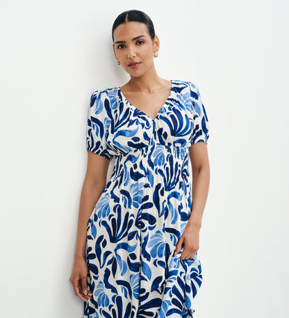 Dolly Blue Abstract Puff Sleeve Shirred Waist Smock Midi Dress