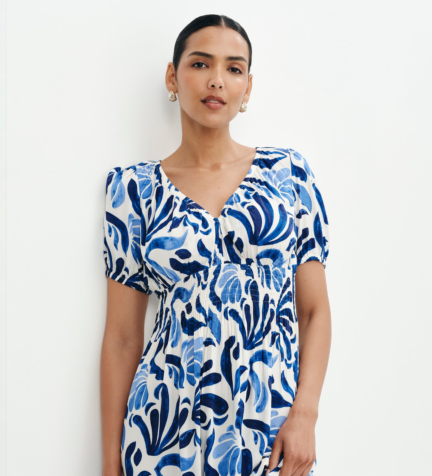 Dolly Blue Abstract Puff Sleeve Shirred Waist Smock Midi Dress