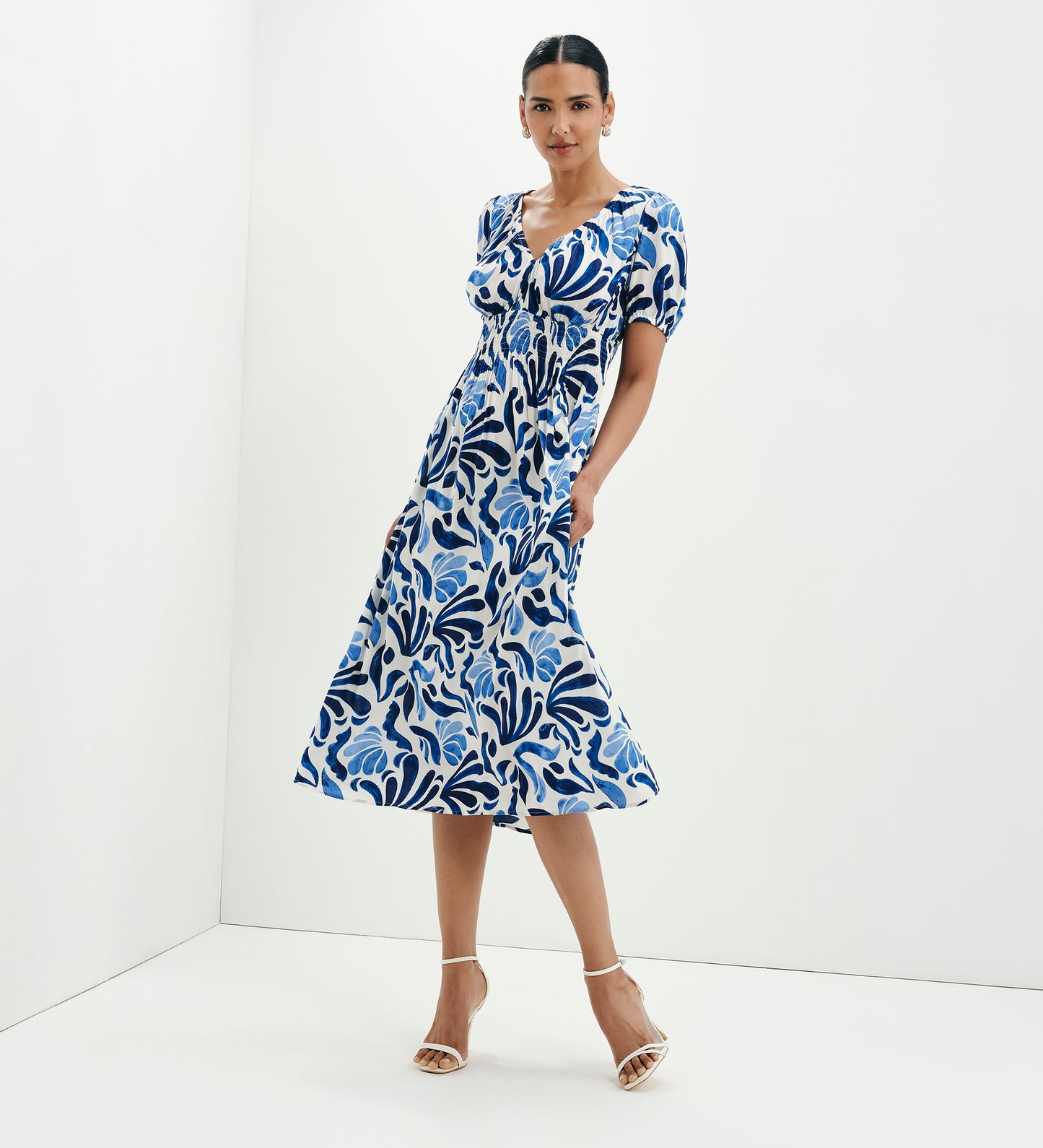 Dolly Blue Abstract Puff Sleeve Shirred Waist Smock Midi Dress