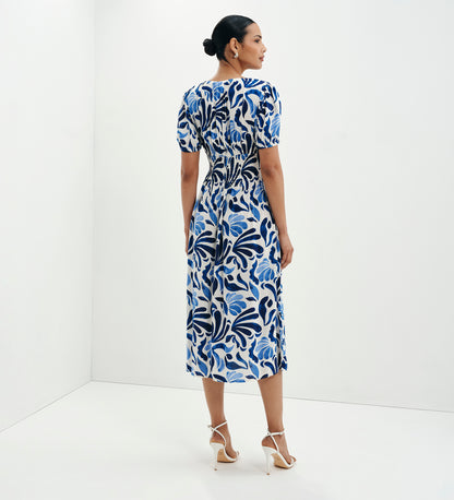 Dolly Blue Abstract Puff Sleeve Shirred Waist Smock Midi Dress