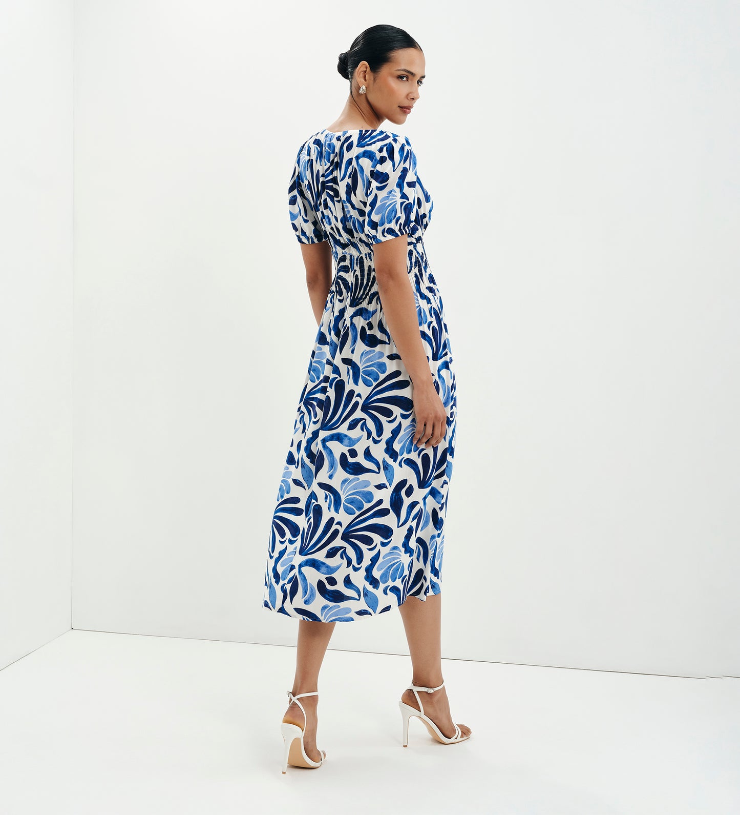 Dolly Blue Abstract Puff Sleeve Shirred Waist Smock Midi Dress